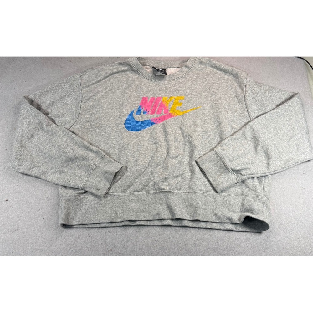 Nike Womens Sportswear Crewneck Sweatshirt Gray Multi Color Pixel Logo XL